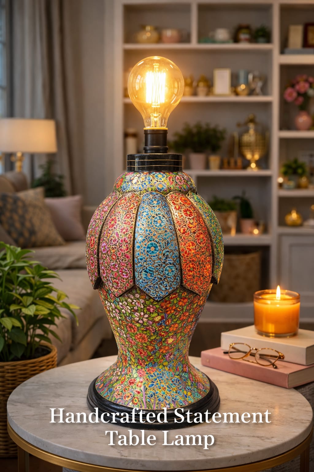 Kashmiri Handcrafted Paper Mache Table Lamp 12 Inch | Luxury Hand-Painted Home Décor Lamp